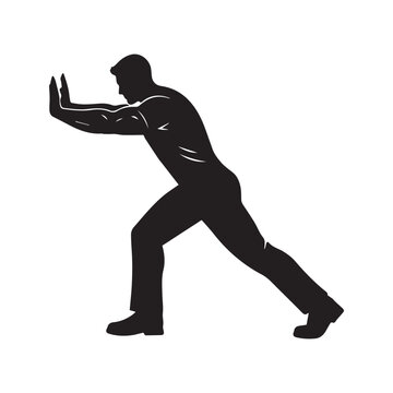 Silhouette of a man pushing with force. Vector illustration symbolizing effort, strength, resistance, and overcoming obstacles.
