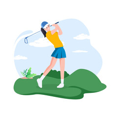 Woman playing golf on a sunny day on a green golf course with mountains in the background.