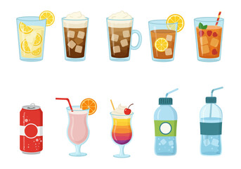 Refreshing Drinks Collection Lemonade, Coffee, Tea, Smoothie, and Water
