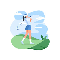 Woman playing golf on a sunny day on a green golf course with mountains in the background.