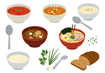 Various Soups Tomato, Carrot, Cream, Meat, Ramen, and Parsley with Bread