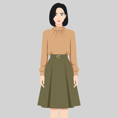 flat vector of young asian businesswoman with short bob haircut wearing long sleeve tan blouse and green skirt, Business casual attire