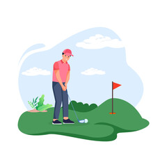 a golf player hitting the ball with his club. Vector illustration.