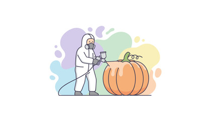 Person in protective suit spray painting a pumpkin creative Halloween decoration or DIY concept