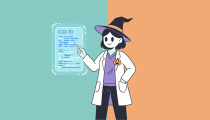 Healthcare professional in witch hat explains ICD10 codes blending education with Halloween