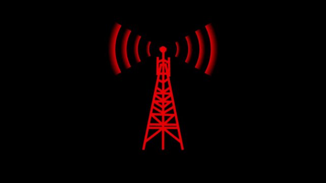 &lrm;Glowing red  radio tower icon with radiating signal waves, representing wireless communication, Wi-Fi connection, broadcasting, or telecommunication network concept. Perfect for digital design, motio