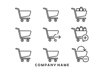 Set of shopping cart icons representing various actions like adding and removing items