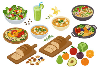 Vibrant array of healthy vegan dishes featuring fresh salads, soups, bread, and a refreshing green smoothie