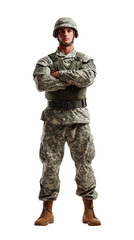 Fototapeta premium Transparent Png of a Young Male Soldier in Camouflage Uniform, Wearing a Helmet and Tactical Vest, Standing with Arms Crossed, Portraying Readiness and Strength