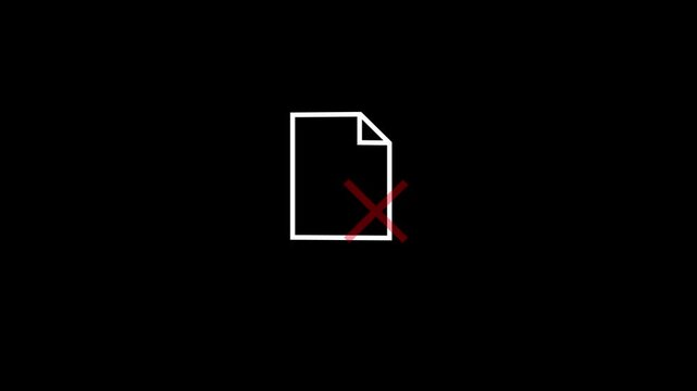 icon of a document file with a red &ldquo;X&rdquo; mark on a black background. Symbol representing file error, deleted document, missing file, data loss, or access denied. Modern digital design for warning, alert