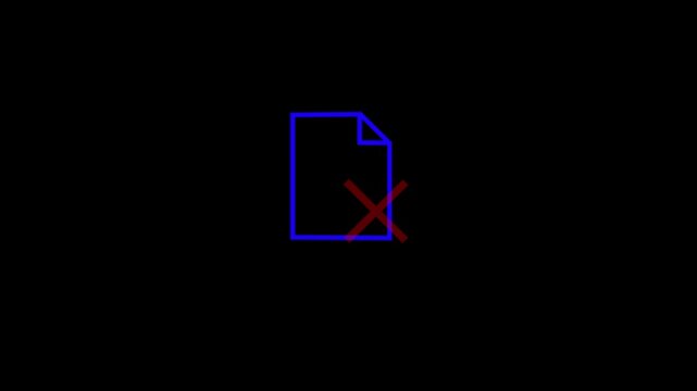 icon of a blue document file with a red &ldquo;X&rdquo; mark on a black background. Symbol representing file error, deleted document, missing file, data loss, or access denied. Modern digital design for warning, 