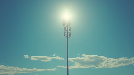 Cell Tower Against Blue Sky with Sun with Wireless Communication.