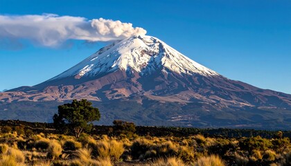 Fototapeta premium A majestic snow-capped volcano rises above a landscape of golden grasses and a solitary tree, with a plume of smoke rising from its summit, creating a striking image of natural grandeur.