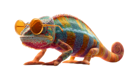 Stylish chameleon wearing sunglasses, vibrant colors, ready for vacation or a cool summer vibe