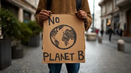 Generative AI. Individual holding a cardboard sign with a globe illustration and the message "No Planet B," advocating for environmental awareness in an urban setting