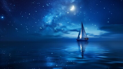 Sailboat illuminated by moonlight, reflection on calm ocean water, starry night sky background, dreamy nautical scene.
