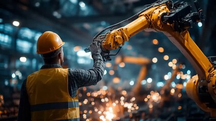 Generative AI. Worker in safety gear operates robotic arm in industrial setting, surrounded by machinery and sparks, showcasing advanced automation and engineering technology - Powered by Adobe