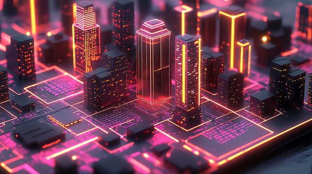 Futuristic Cityscape on Circuit Board Digital Art with Tech Concept. - Powered by Adobe