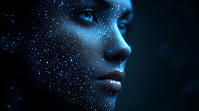 Futuristic Portrait Woman with Glowing Dots with Tech Concept, and Blue.