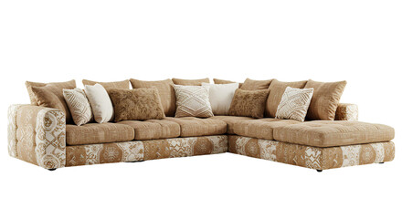 Brown corner sectional sofa with multiple decorative cushions - transparent background — perfect for furniture catalogs, interior design mockups, living-room staging, e-commerce product pages