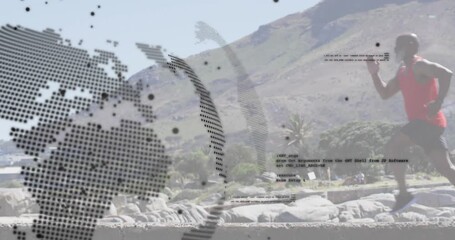 Tech overlay shifting revealing male runner jogging coastal path while globe scrolling code fading - Powered by Adobe