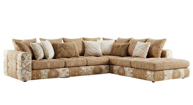 Brown corner sectional sofa with multiple decorative cushions - transparent background — perfect for furniture catalogs, interior design mockups, living-room staging, e-commerce product pages