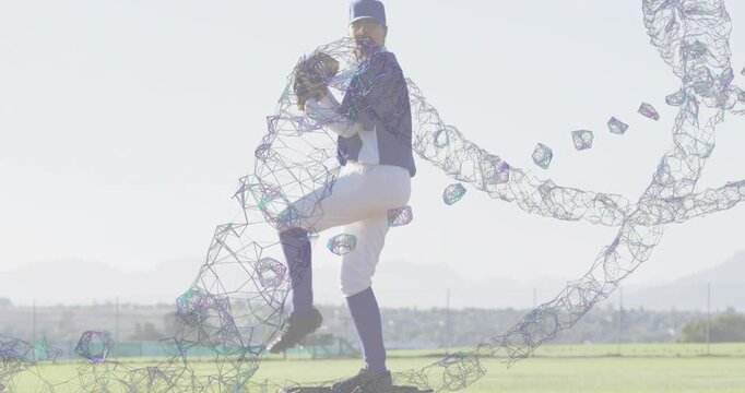 Sports performance pitcher gripping glove initiating digital wireframe coiling while driving ball