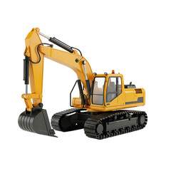 Yellow excavator machine with tracks on white background