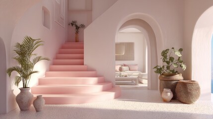 Fototapeta premium Ethereal Oasis of Serenity: A sun-drenched interior with soft pastel hues unfolds, showcasing a graceful staircase ascending towards an archway that frames a tranquil living area.
