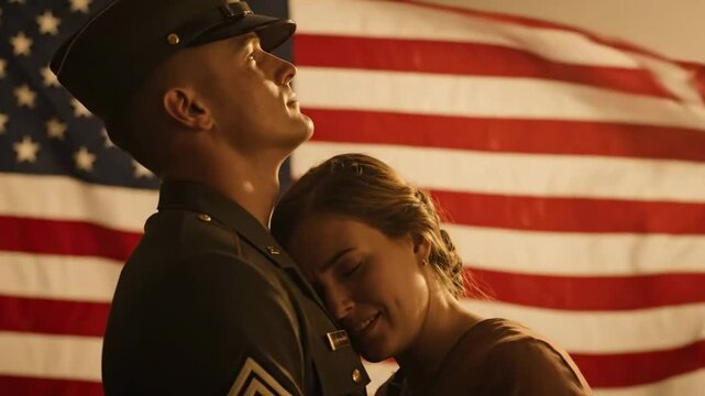 A touching and emotional reunion as a loving wife tearfully hugs her soldier husband in front of an American flag perfect for stories of military families, love, and sacrifice