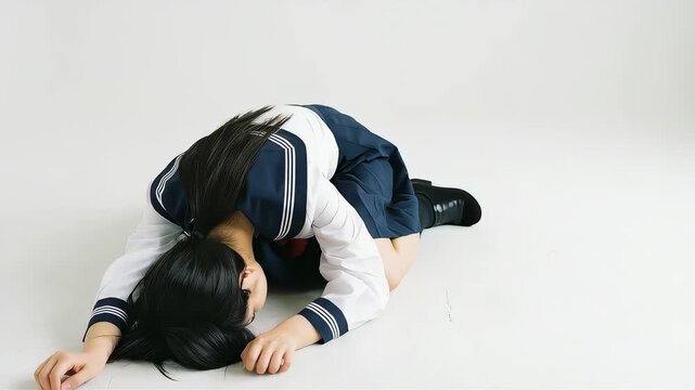 正座の姿勢から、床に崩れ落ちる女子高生