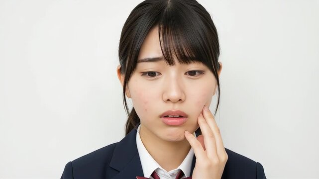 ニキビや肌荒れを気にする女子学生のクローズアップ 