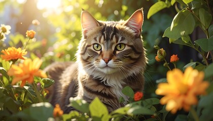 A beautiful tabby cat rests amongst vibrant orange and red flowers in a sunny garden setting.