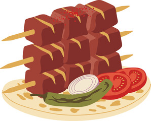 Flat Style Delicious Kebab Skewer with Vegetables Dish Food Illustration