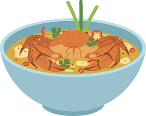 Flat Design Delicious Crab Curry Soup in a Blue Bowl Illustration © Robet