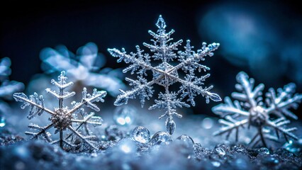 A beautiful, intricate snowflake sits in focus, surrounded by other snowflakes and ice crystals, creating a wintry scene.