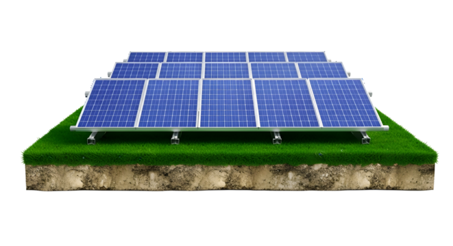 Modern solar panels on green grass, promoting clean energy and sustainable solutions for a brighter future