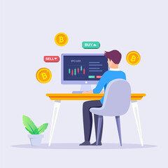 Cryptocurrency trading and growing concept flat illustration vector template, Bitcoin rising, Stock exchange scene with computer, Crypto investment strategy
