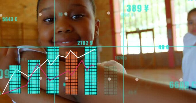lead girl extending arms in school gym initiating currency overlays growing charts for education - Powered by Adobe