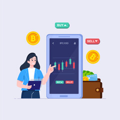 Cryptocurrency trading and growing concept flat illustration vector template, Bitcoin rising, Stock exchange scene with computer, Crypto investment strategy