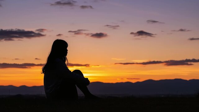 膝を抱えて座り、孤独や悲しみを表現する夕焼け空を背景にした女性のシルエット