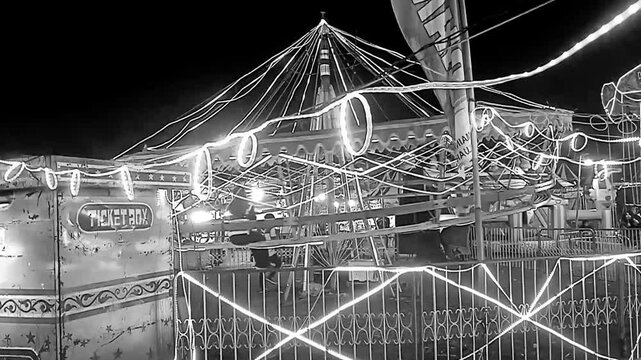 Waves Swinger ride at Carnival. Black and white film