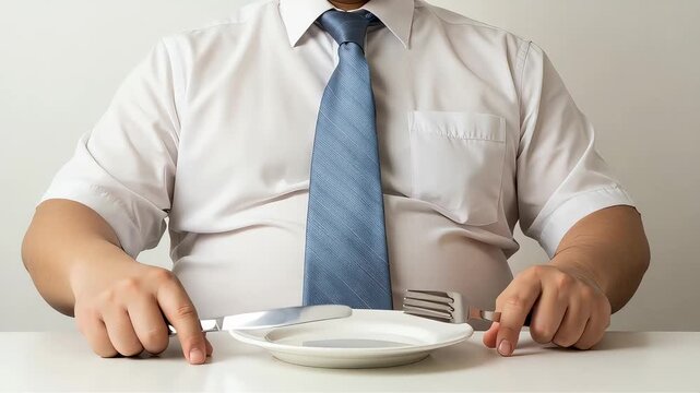 ダイエットや健康への懸念を示す、空腹に耐えかねるネクタイをした男性