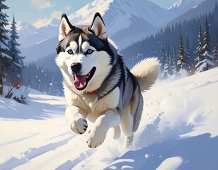 Naklejka premium A husky dog runs joyfully through a snowy mountain landscape, its energy and playful nature evident in its pose and expression.