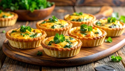 Delicious Mini Quiches on Wooden Board.