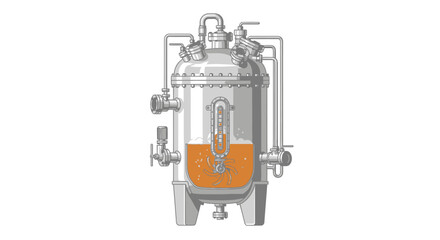 Detailed illustration of an industrial bioreactor tank with bubbling liquid, representing a fermentation or bioprocessing concept