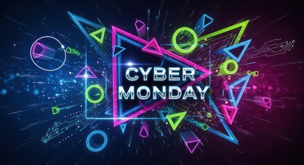 Vibrant Cyber Monday Neon Explosion - Geometric Shapes, Digital Art, Dark Background.