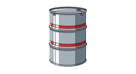Vector illustration of a gray metal oil drum with red stripes. Industrial container for storing hazardous materials, toxic waste, or chemicals, isolated on a white background