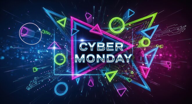 Vibrant Cyber Monday Neon Explosion - Geometric Shapes, Digital Art, Dark Background.