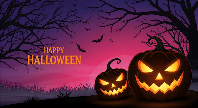 Spooky halloween night with glowing jack o lanterns and silhouetted trees under a purple sky